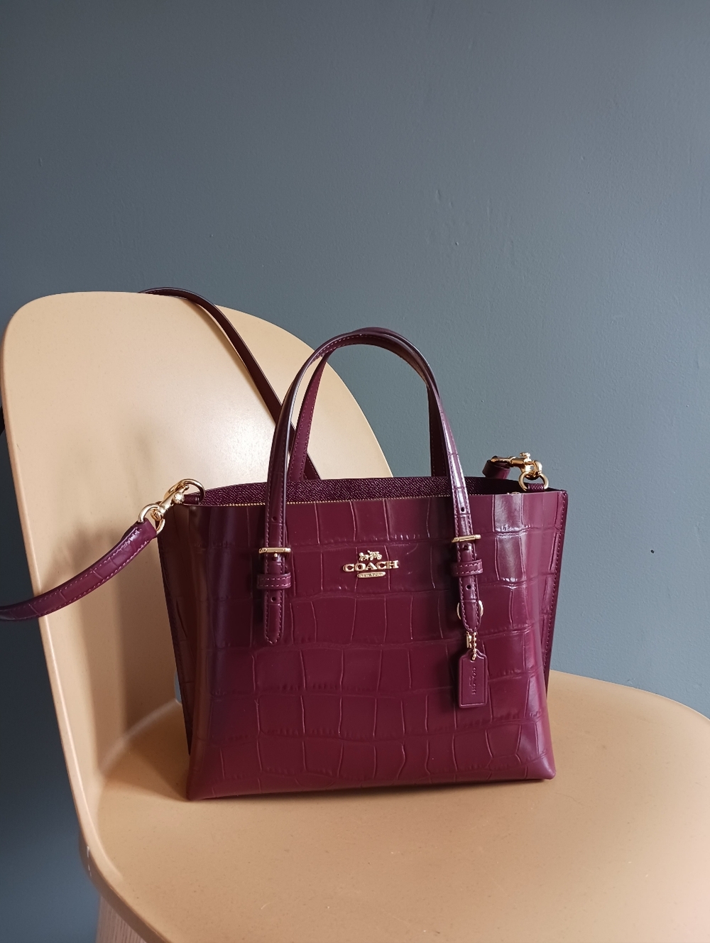 Coach Mollie Crocodile Embossed Red Wine Tote Bag, Crossbody Bag